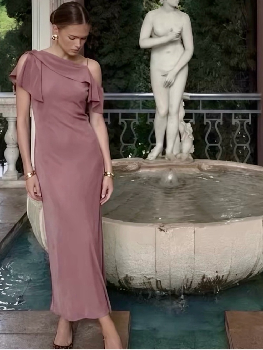 Zara NWT satin Dusty Rose Evening Dress with Draped Bow Detail